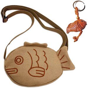 Girl's Japanese Style Embroidered Canvas Crossbody Bag with Wooden Fish Keychain